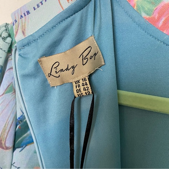 NWT Lindy Bop Retro Amelia Dress Mint Planes Floral Size US 12 Love Letters Blue - Picture 15 of 16